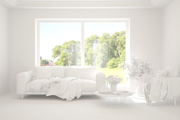 Mock up of stylish room in white color with sofa and green landscape in window. Scandinavian interior design. 3D illustration