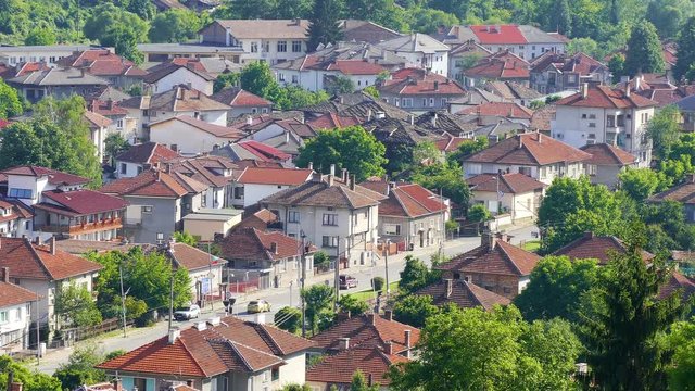 Panoramic view of the old town in Tryavna, Bulgaria. Time lapse