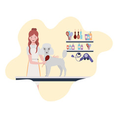 young woman with dog in pet groomer