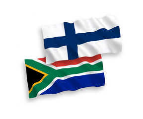 National vector fabric wave flags of Finland and Republic of South Africa isolated on white background. 1 to 2 proportion.