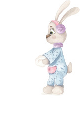 Hand drawn watercolor illustration. Weather bunny. Cute baby rabbits in different weather with different accessories on the white flat background..