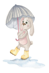 Hand drawn watercolor illustration. Weather bunny. Cute baby rabbits in different weather with different accessories on the white flat background..