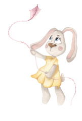 Hand drawn watercolor illustration. Weather bunny. Cute baby rabbits in different weather with different accessories on the white flat background..