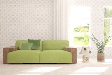Stylish room in white color with sofa and summer landscape in window. Scandinavian interior design. 3D illustration
