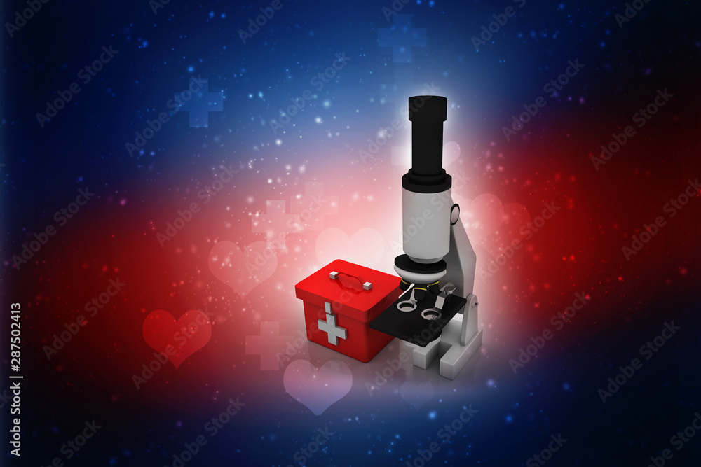 Poster 3d rendering microscope with first aid box