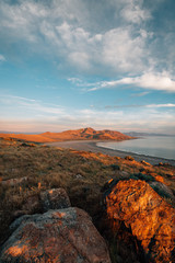 View of the Great Salt Lake at sunset, at Antelope Island State Park, Utah