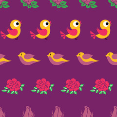 Vector birds and roses horizontal lines seamless