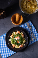 pappardelle pasta with creamed spinach and fried salmon