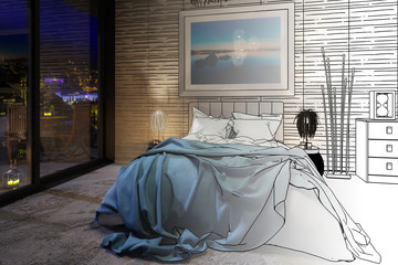 Luxury Penthouse Bedroom by Evening (sketch) - 3d visualization