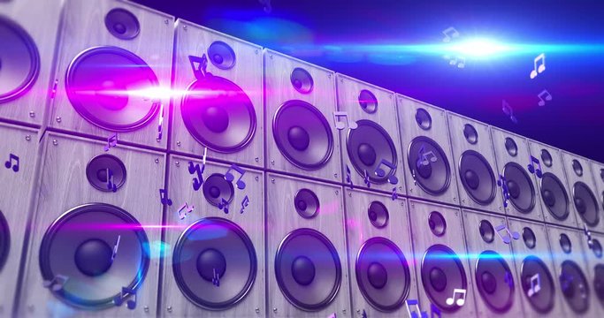 Powerful Guitar Speakers Playing Music On Stage. Musical Notes Flying Around. Music And Entertainment Related 3D Animation.