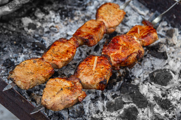 Barbecue skewers grilled on charcoal