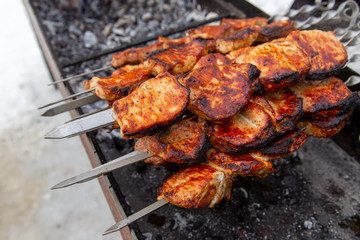 Barbecue skewers grilled on charcoal