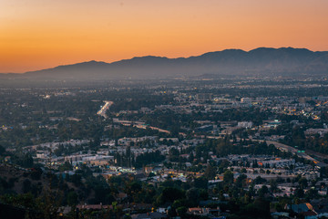Fototapeta na wymiar View of the San Fernando Valley at sunset, from Mulholland Drive, in Los Angeles, California