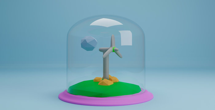 Wind turbine generator in snowball glass. 3D illustration