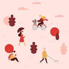 Fall activity in forest. Cartoon People in autumn public park walking dog, riding bicycle, readig book. Woman walks under umbrella