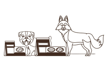 Fototapeta premium silhouette of dogs with bowl and pet food on white background