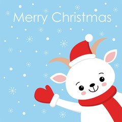 Merry Christmas and Happy New Year greeting card. Cute vector Illustration. Sweet white Goat in scarf and Santa hat