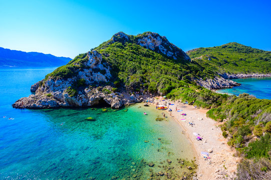 Porto Timoni beach at Afionas is a paradise double beach with crystal clear azure water in Corfu, Ionian island, Greece, Europe