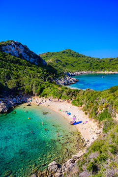 Porto Timoni beach at Afionas is a paradise double beach with crystal clear azure water in Corfu, Ionian island, Greece, Europe