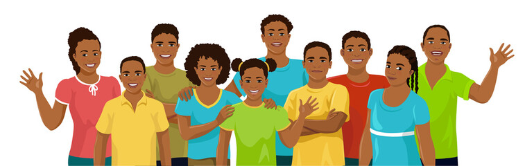 Group of African American children. Kids and teenagers, boys and girls are stand and smile. Vector illustration isolated on white background.