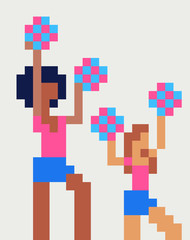 Cute cheerleader girls. American Soccer Fans Cartoon Character. Pixel art icon, design for logo, sticker and mobile app. Сartoon flat style. Isolated vector illustration. 