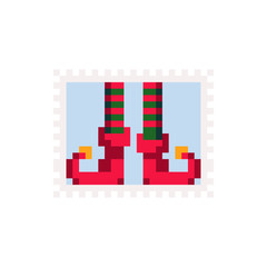 Christmas elf vintage postmark template pixel art icon. Cute striped legs and red elf shoes. Design for logo, sticker and mobile app. Poster, picture cartoon flat style. Isolated vector illustration. 