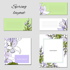 Templates for text and for corporate identity, floral bookmarks and business cards. Violet flowers on a white background. For modern design, advertising, posters, advertisements.
