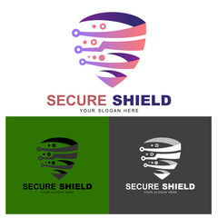shield logo with technology design illustration, line symbol, financial, fast logo