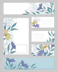 Set of patterns for text with a floral pattern on a white and blue background. Drawn vintage flowers for business cards, bookmarks, advertising and posters.