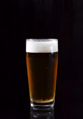Beer with foam in a tall glass against black background