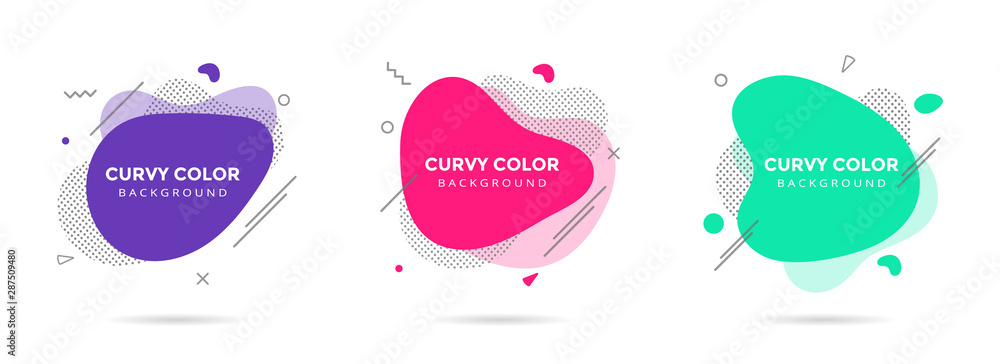 Poster 3 modern liquid abstract element shape memphis style design fluid vector colorful illustration set. 