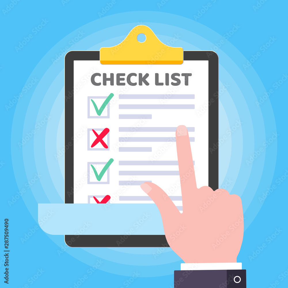 Poster pointer finger above clipboard checklist claim form on the paper sheets, check marks tick ok and cro