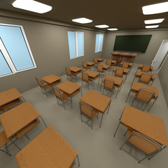 Wooden table and chair with green blank blackboard . education background with window ,3D rendering