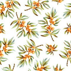 Watercolor seamless pattern with sea buckthorn berries