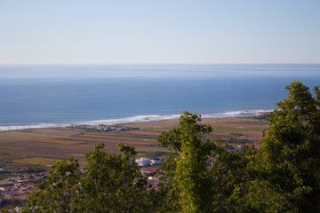 Aerial ocean view from hill in Viana de Castelo, Portugal. Panoramic view on Atlantic Ocean. Viana de Castelo landmark with ocean coastline. Landscape of Camino de Santiago, Portugal. 