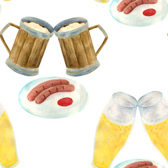 Watercolor wooden beer mugs, glass of lager, grill sausages on plate with ketchup seamless pattern. Hand drawn octoberfest concept. Illustration for festival decoration, pub menu design.