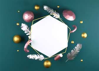 3D Rendered illustration on green background with flying geometric shapes, leaves, bubble and frame.