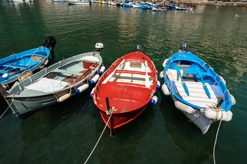 Fototapeta na wymiar Small boats moored in the harbor of the ancient village of Vernazza, Cinque Terre (UNESCO world heritage site), Mediterranean Sea, La Spezia province, Liguria, Italy, South Europe