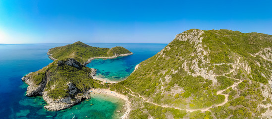 Aerial view of Porto Timoni beach at Afionas is a paradise double beach with crystal clear azure...