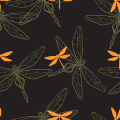 Vector Seamless Pattern with Colored Dragonflies. Picture with Clipping Mask.