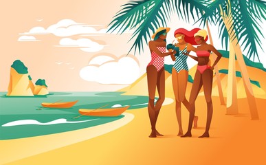 Obraz na płótnie Canvas Cartoon Woman on Sand Beach Tropical Island Vector Illustration. Girls in Swimsuit Sunbathing. Sea Ocean Shore. Coast Palm Tree. Summer Travel Vacation Trip. Tropic Paradise Tourism