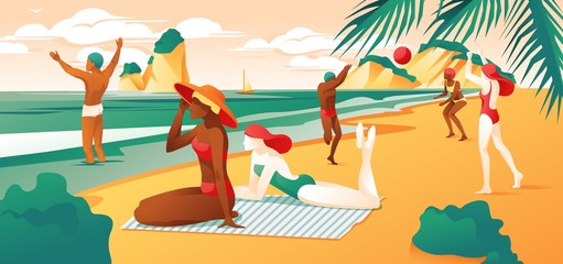 Summer Day at Beach Sea Coast. Cartoon Women in Bikini Swimsuit. People Play Volleyball. Man in Water Vector Illustration. Ocean Shore Relax Rest Resort. Nature Recreation. Tropical Travel Vacation