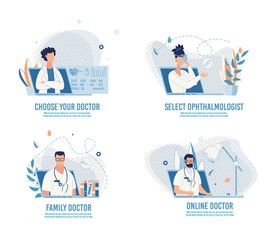Choose Doctor, Make Appointment and Book Visit Online Set. Searching Medical Specialist Service for Diseases Treatment, Maintaining Health. Cartoon Design Banner. Vector Flat Illustration