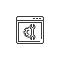Website support line icon. Browser settings linear style sign for mobile concept and web design. Browser page with gear and wrench outline vector icon. Symbol, logo illustration. Vector graphics