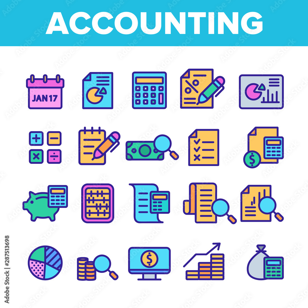 Poster color accounting elements vector icons set thin line. magnifier with money bank note and report or r