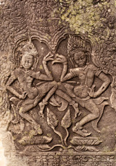 Obraz premium Khmer classical nymphs, Apsara dancer carvings on the wall at Angkor wat, Siem Reap, Cambodia.