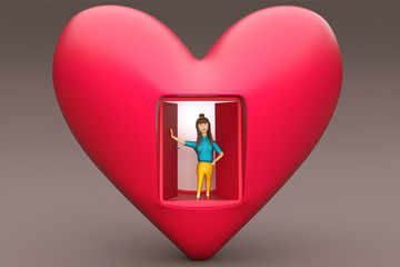 3D Render of a heart shape with open doors and young girl waiting at front.