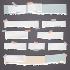 Set of torn white and colorful note, notebook strips, paper pieces stuck with sticky tape on dark background. Vector illustration
