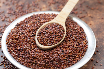 Quinoa seeds of red quinoa - Chenopodium quinoa, in plate and spoon  