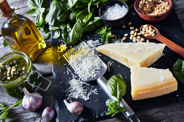 classic Basil pesto sauce and main ingredients